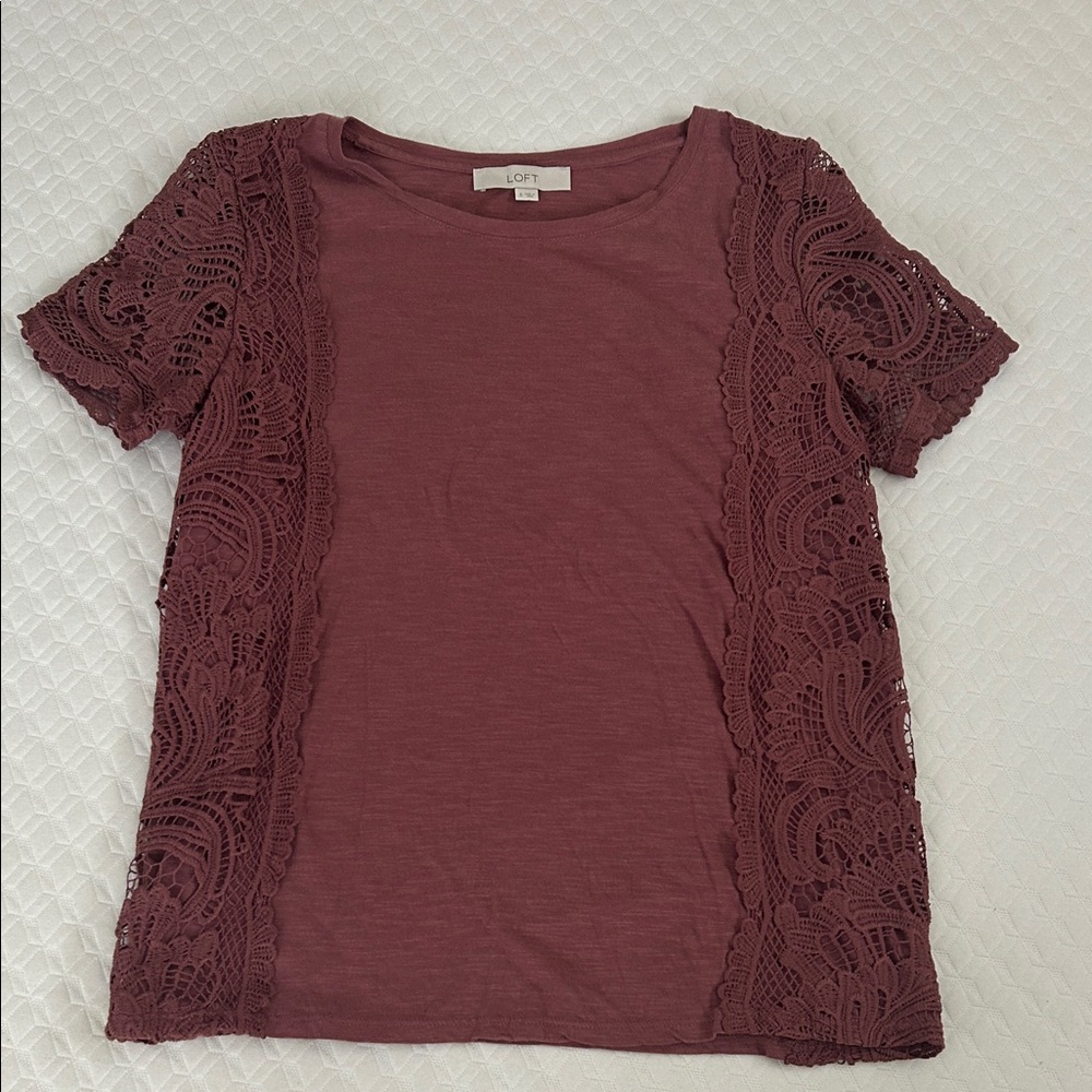 LOFT Short Sleeve Lace Trim Tee - Plum